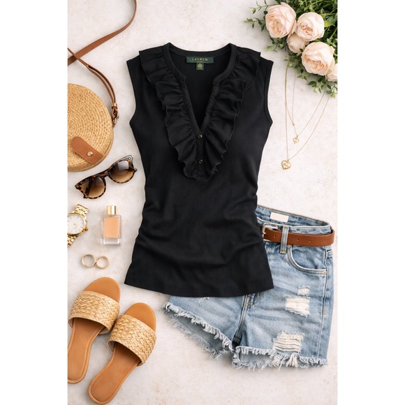 Lauren Ralph Lauren Tops - Lauren Ralph Lauren Black Ribbed Cotton Ruffle V-Neck Sleeveless Top Large